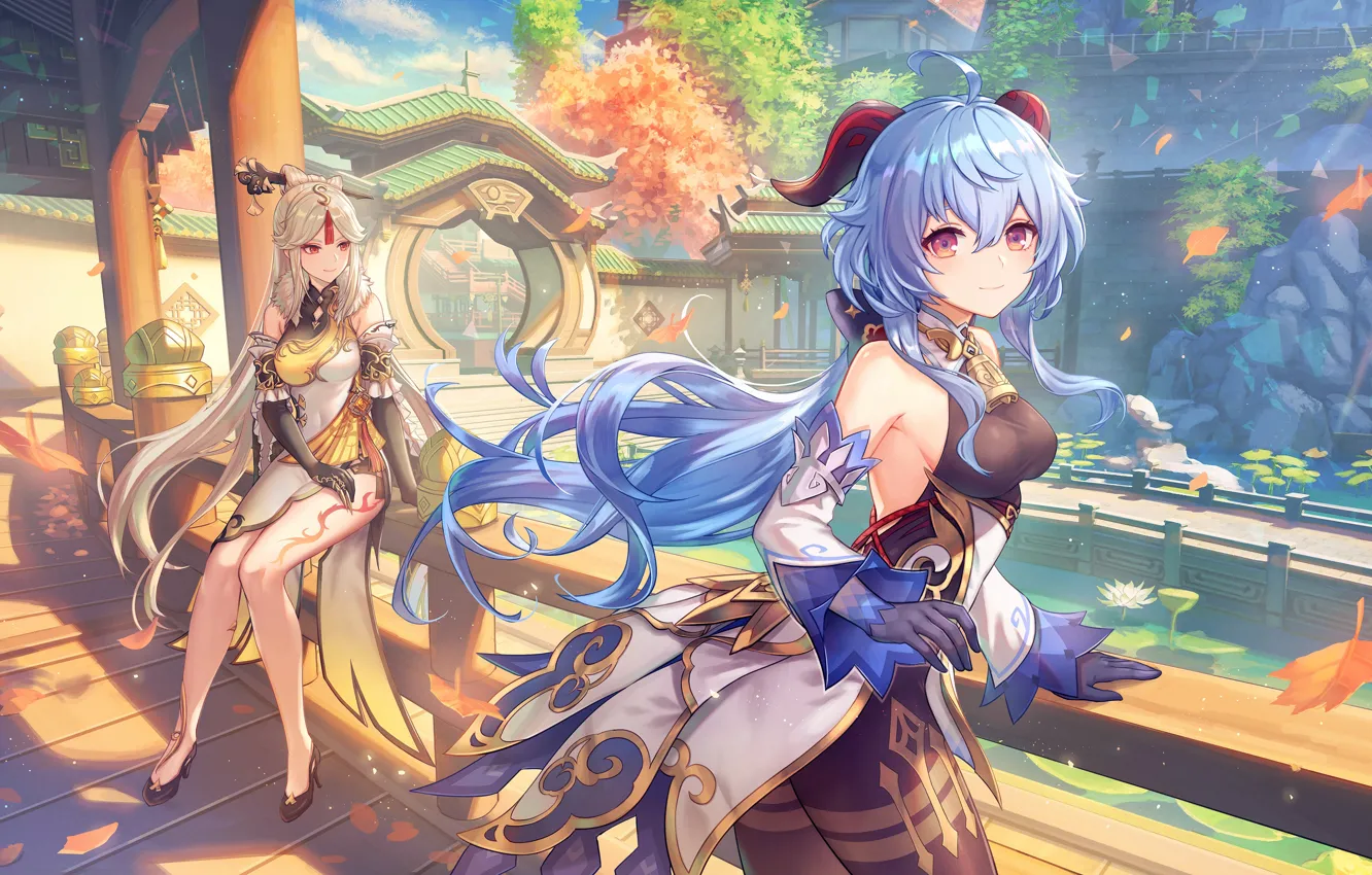 Photo wallpaper autumn, pond, gazebo, Genshin Impact, Ganyu, Ningguang, Liyue