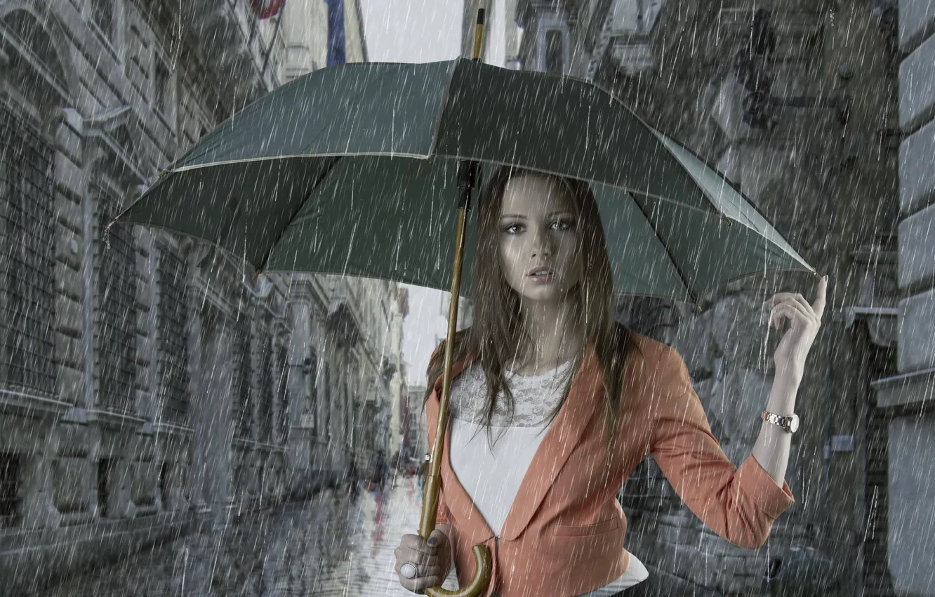 Photo wallpaper girl, rain, umbrella, street