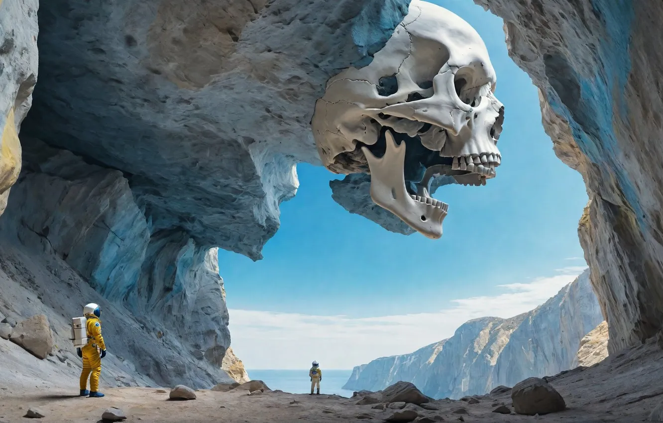 Photo wallpaper mountains, nature, skull, astronaut