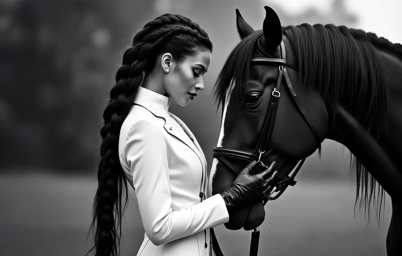 Photo wallpaper look, girl, pose, each, horse, horse, hairstyle, braid