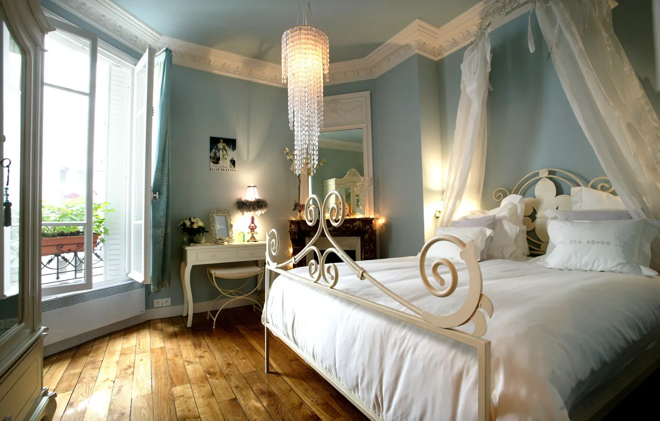 Photo wallpaper bed, interior, pillow, mirror, chandelier, fireplace, bedroom