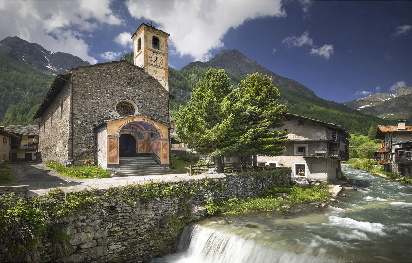Photo wallpaper mountains, Italy, river, chapel