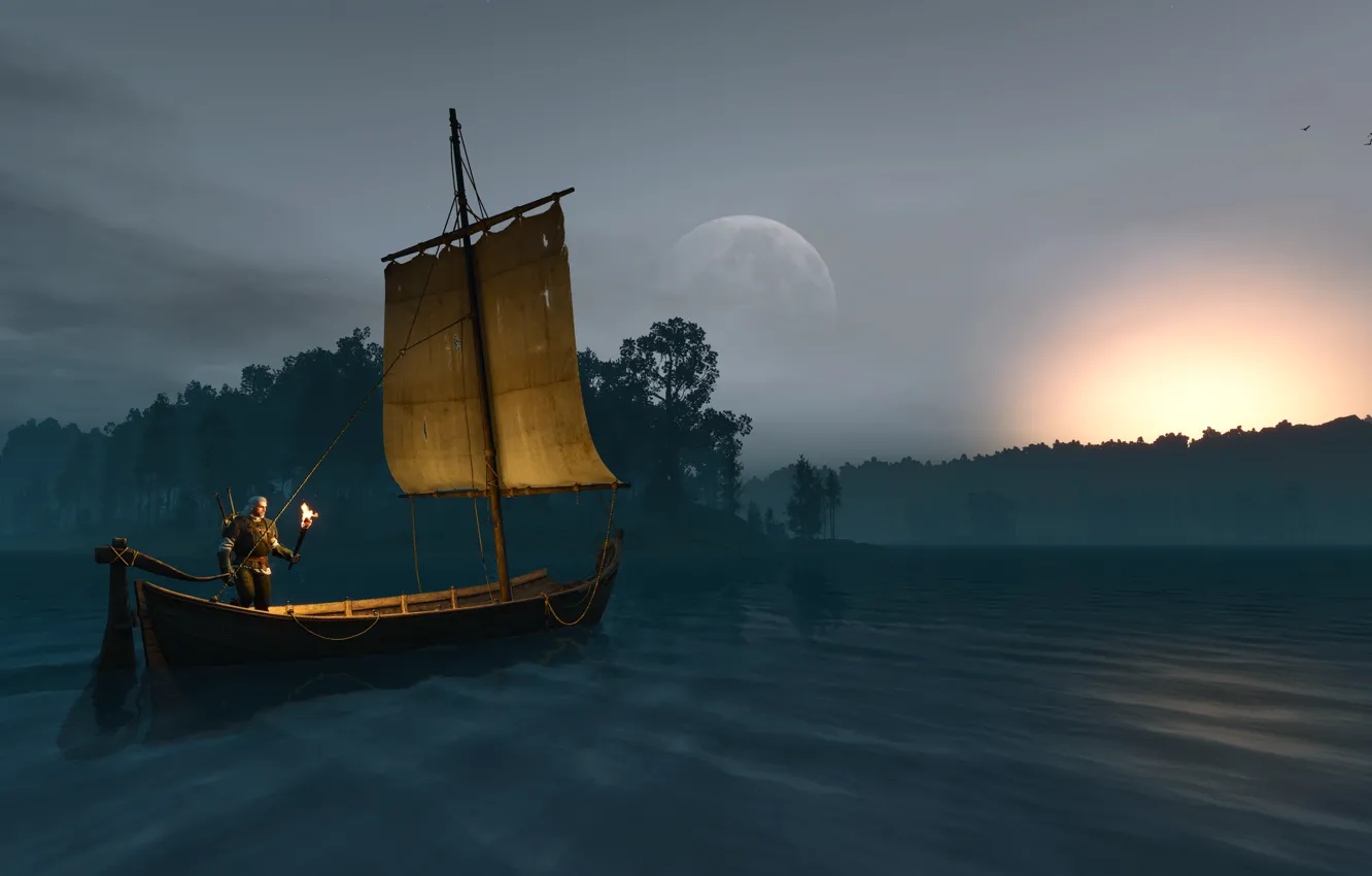 Photo wallpaper night, lights, river, dawn, the moon, boat, sword, warrior