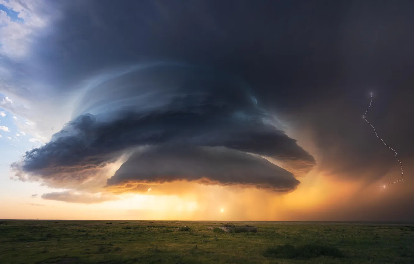 Photo wallpaper field, the sky, the sun, clouds, storm, rain, lightning, horizon