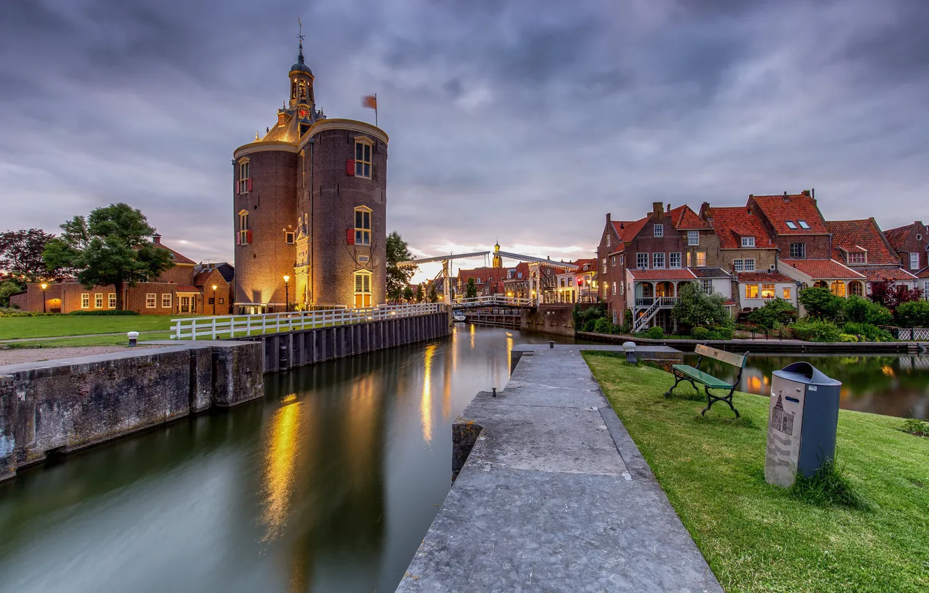 Photo wallpaper the sky, bench, nature, home, channel, fortress, Netherlands, Enkhuizen