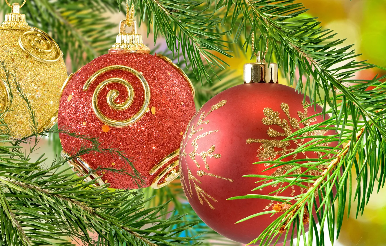 Photo wallpaper red, balls, toy, tree, new year