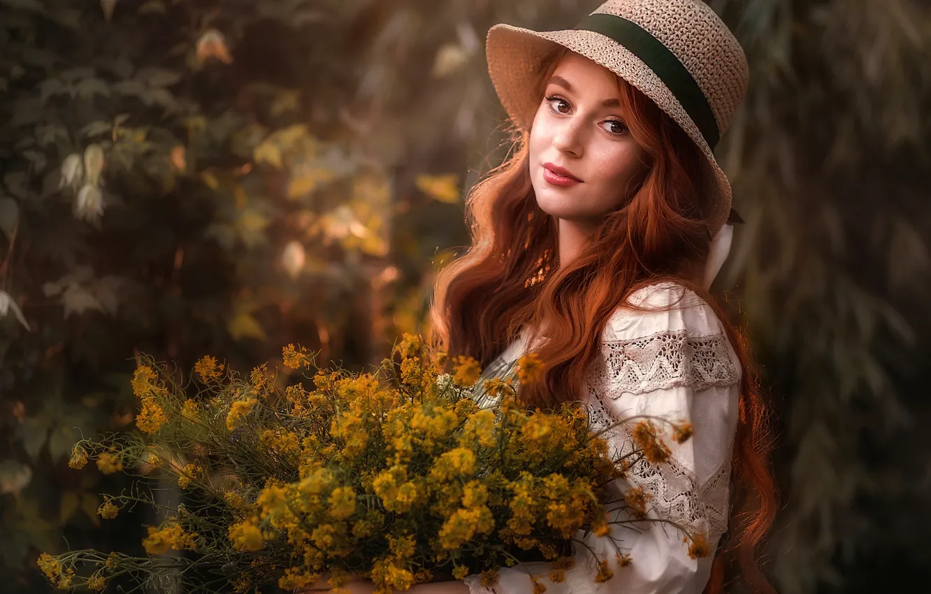 Photo wallpaper look, flowers, basket, model, the fence, portrait, bouquet, hat