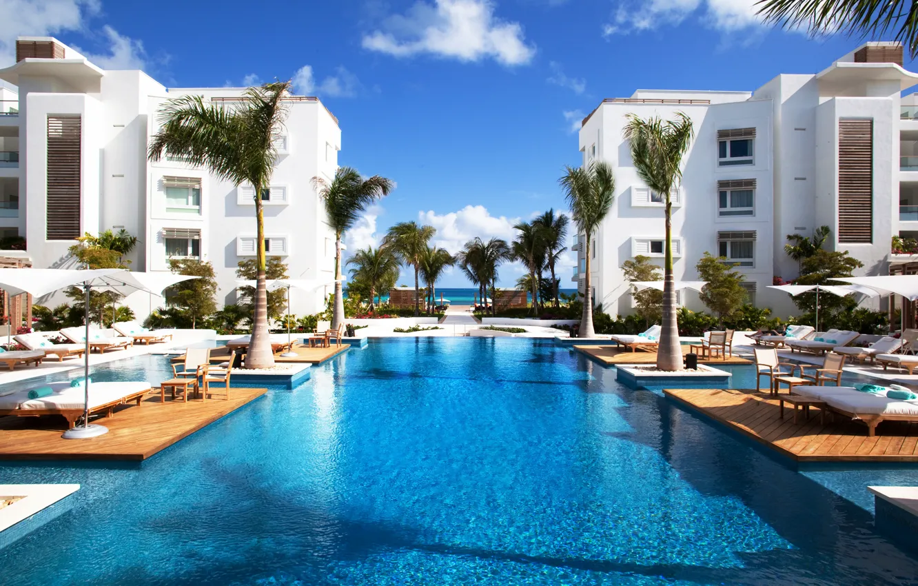Photo wallpaper palm trees, the ocean, pool, the hotel