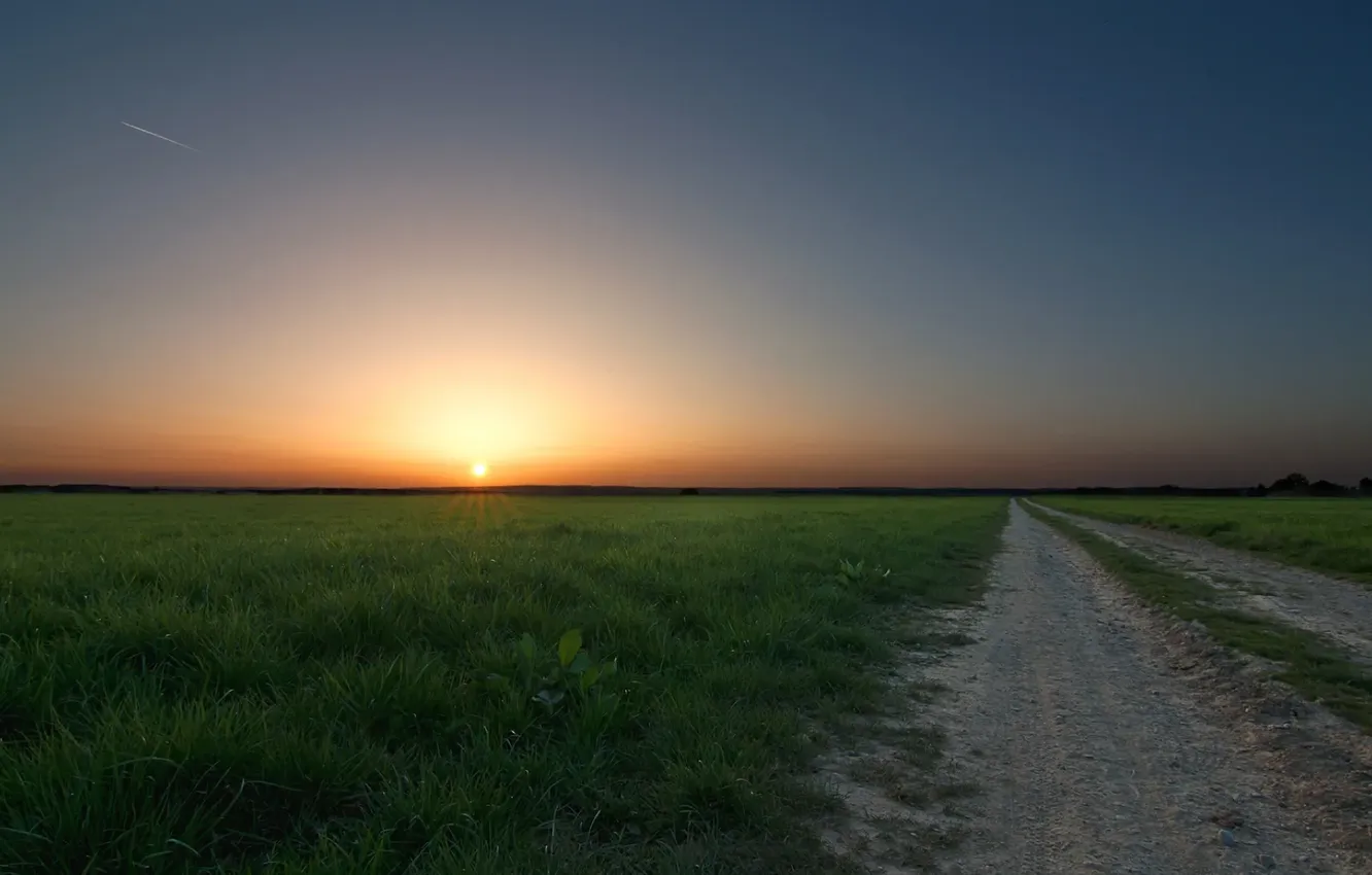 Photo wallpaper road, field, the sky, grass, the sun, landscape, sunset, nature