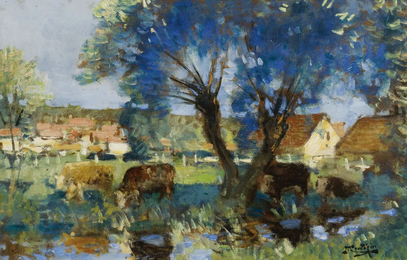 Photo wallpaper landscape, picture, Pierre Eugène Montesin, Pierre-Eugene Montezin, Cows near the Water
