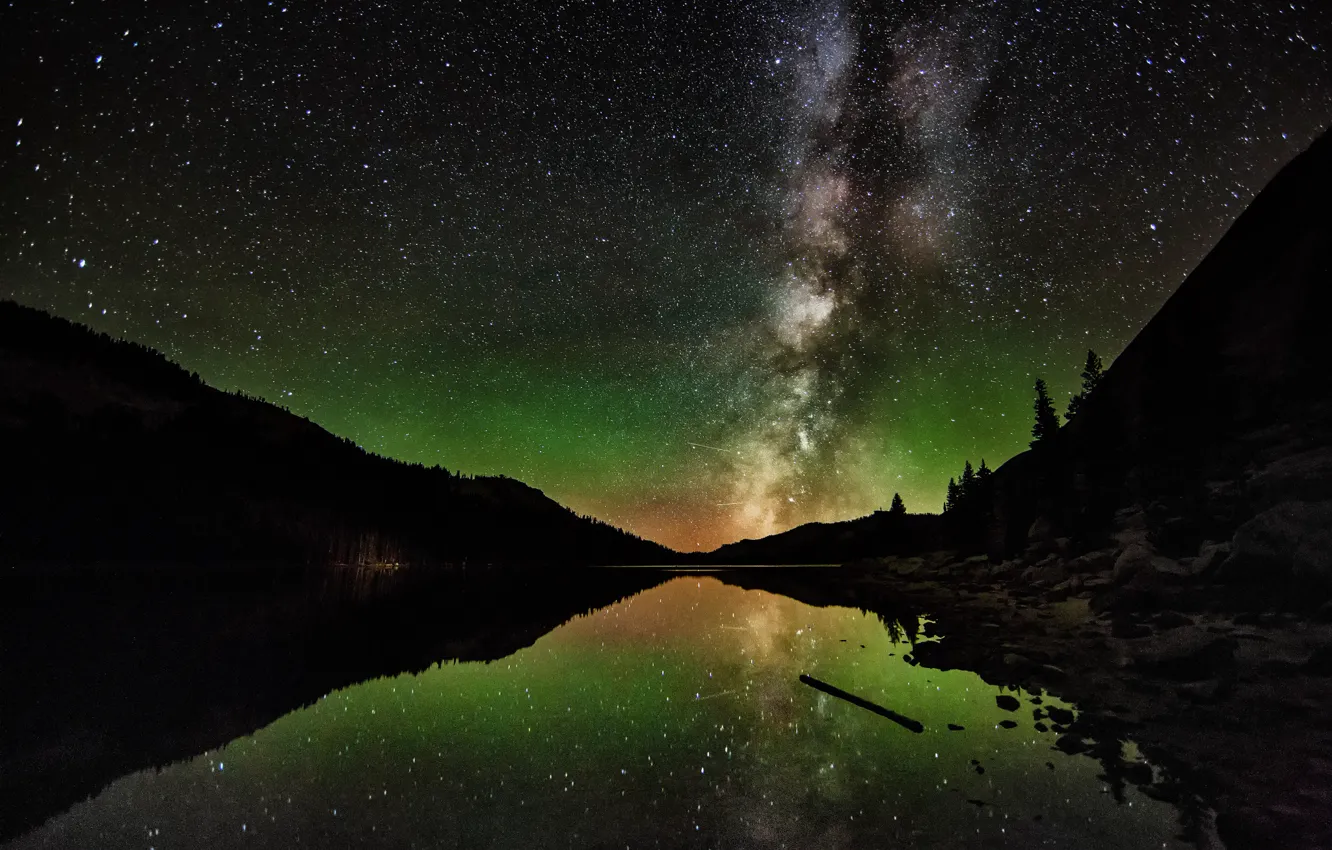 Photo wallpaper forest, the sky, stars, landscape, mountains, lake, the milky way