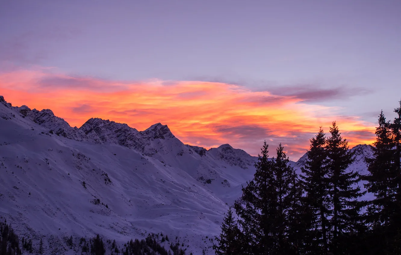 Photo wallpaper winter, the sky, clouds, snow, trees, sunset, mountains, nature