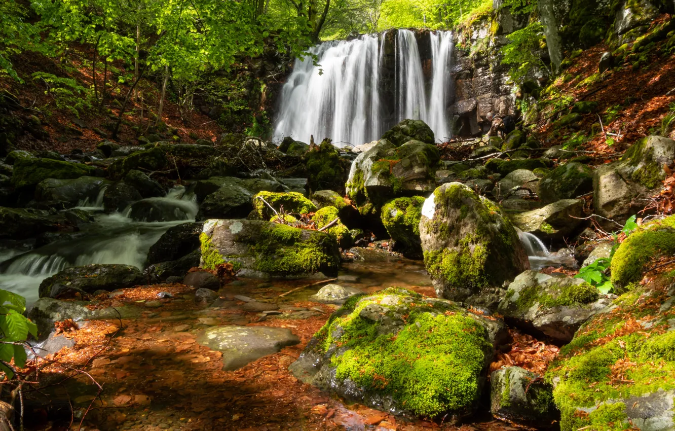 Photo wallpaper nature, rocks, shore, waterfall, stream