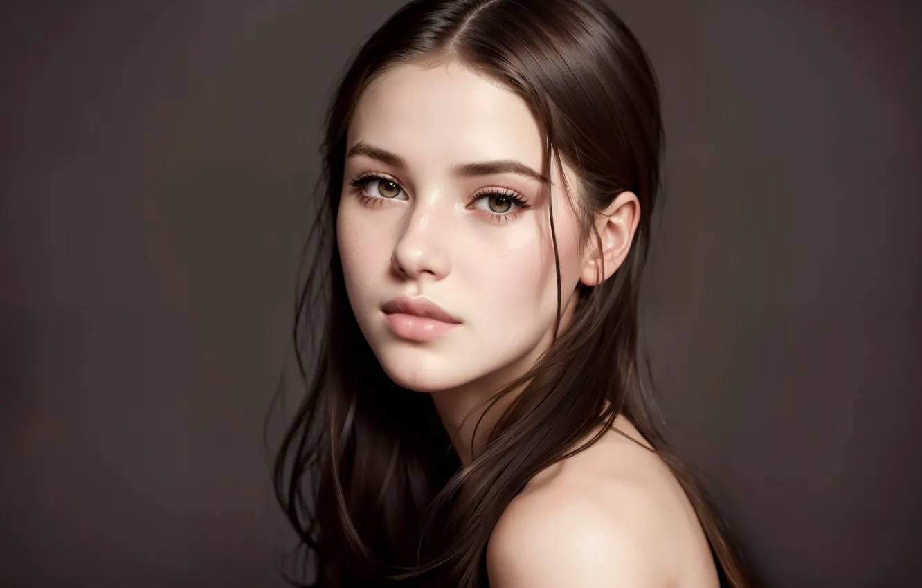 Photo wallpaper brunette, beautiful young woman, full body portrait, realistic eyes, delicate buttoned shirt, realistic photography