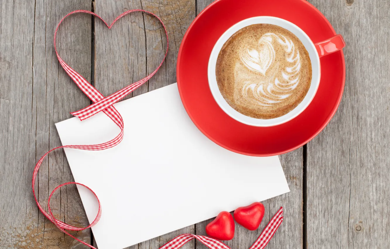 Photo wallpaper coffee, tape, red, love, romantic, hearts, valentine`s day