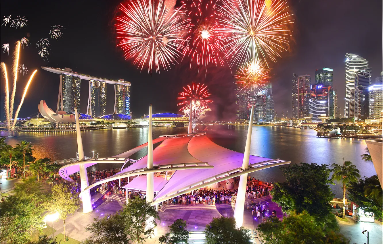 Photo wallpaper night, salute, Singapore, the hotel, megapolis, Singapore, fireworks, Marina Bay Sands