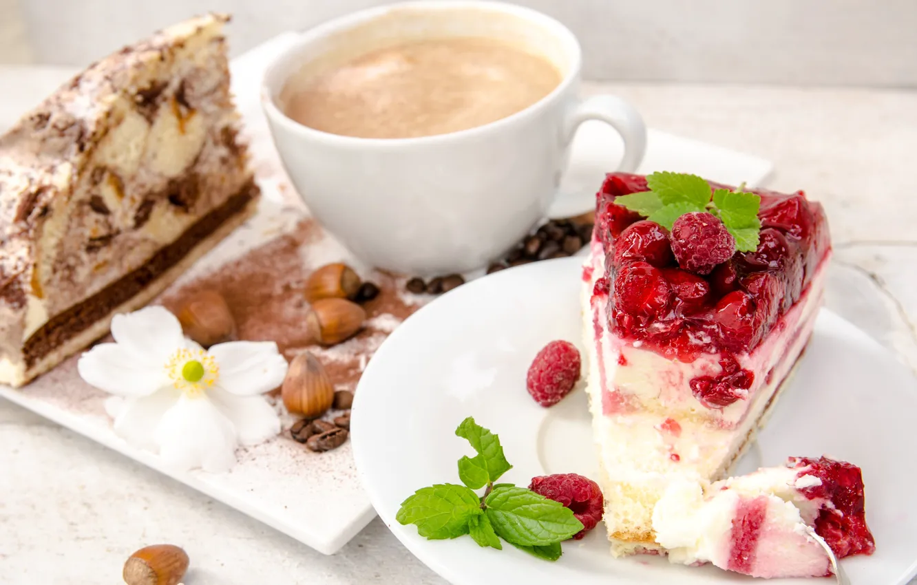 Photo wallpaper berries, raspberry, coffee, food, chocolate, grain, Cup, cake
