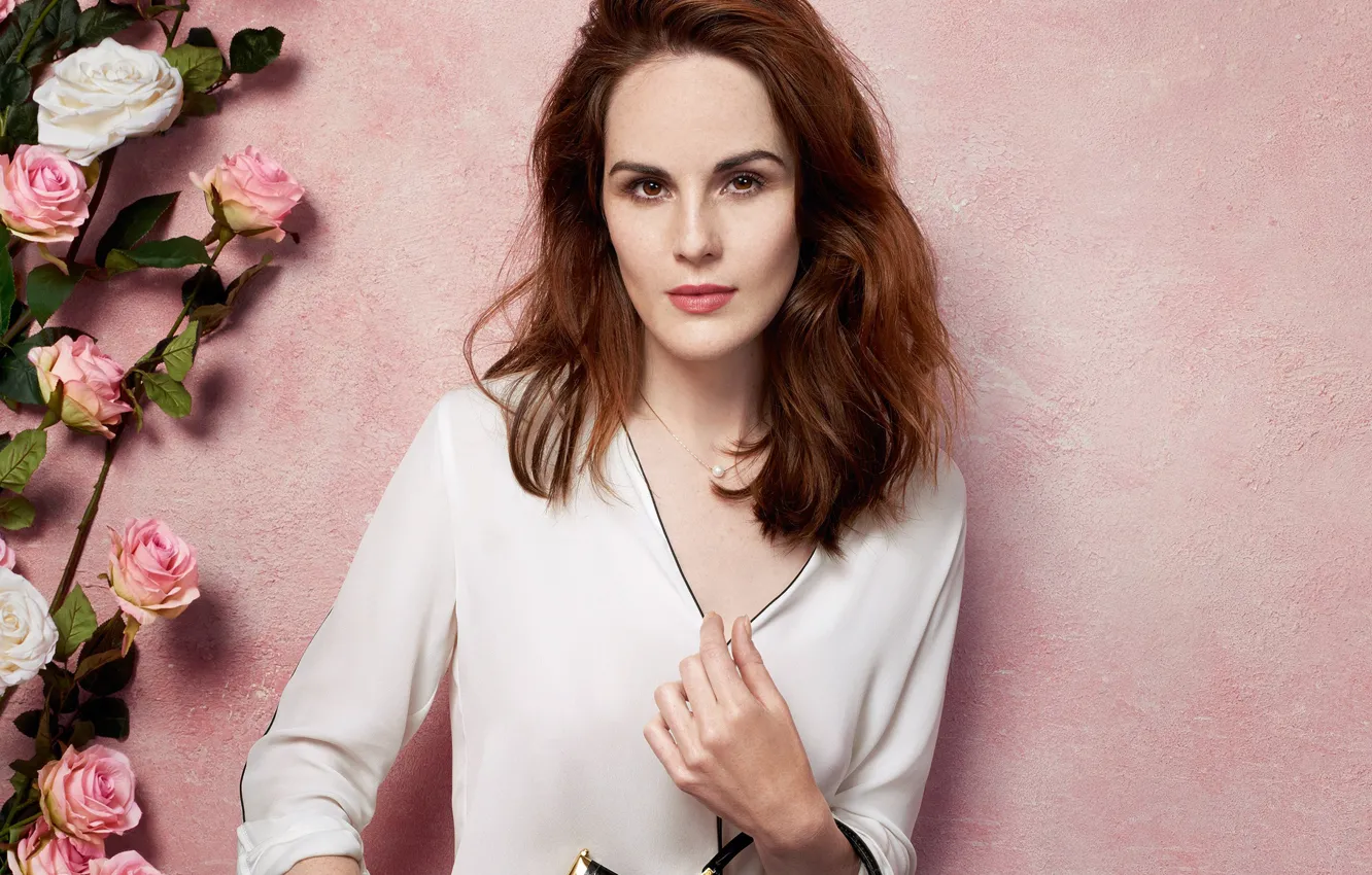 Photo wallpaper flowers, wall, roses, makeup, hairstyle, blouse, brown hair, bag