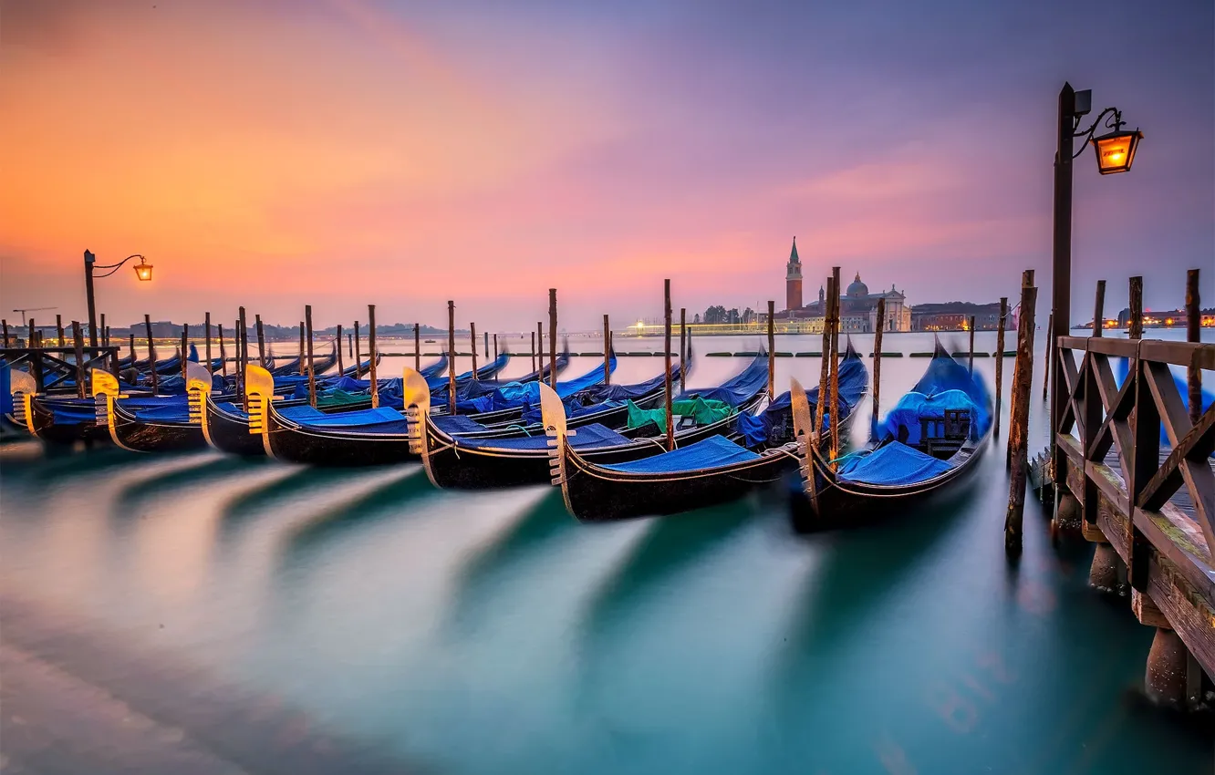 Photo wallpaper night, lights, boat, lights, Italy, Venice, gondola