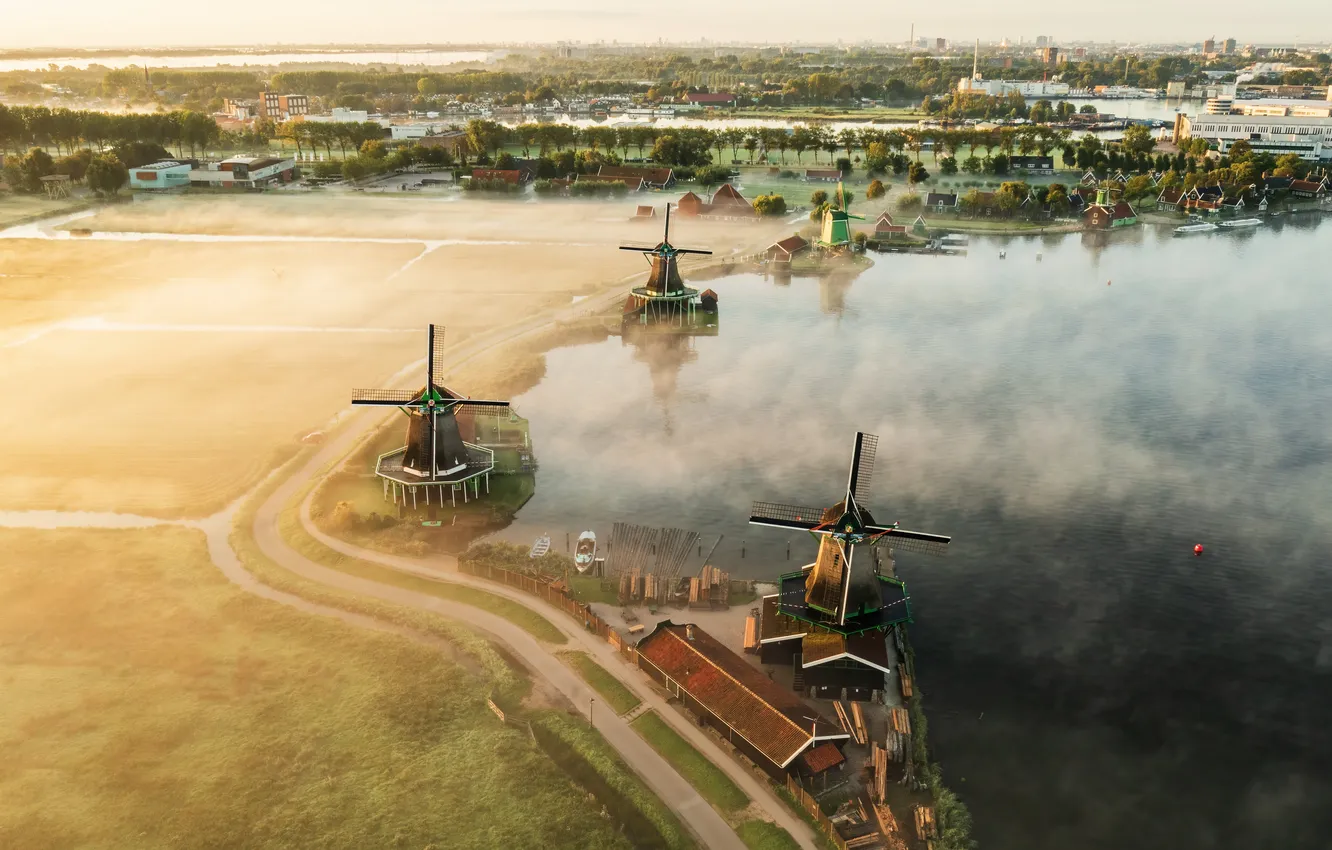 Photo wallpaper pond, windmills, the