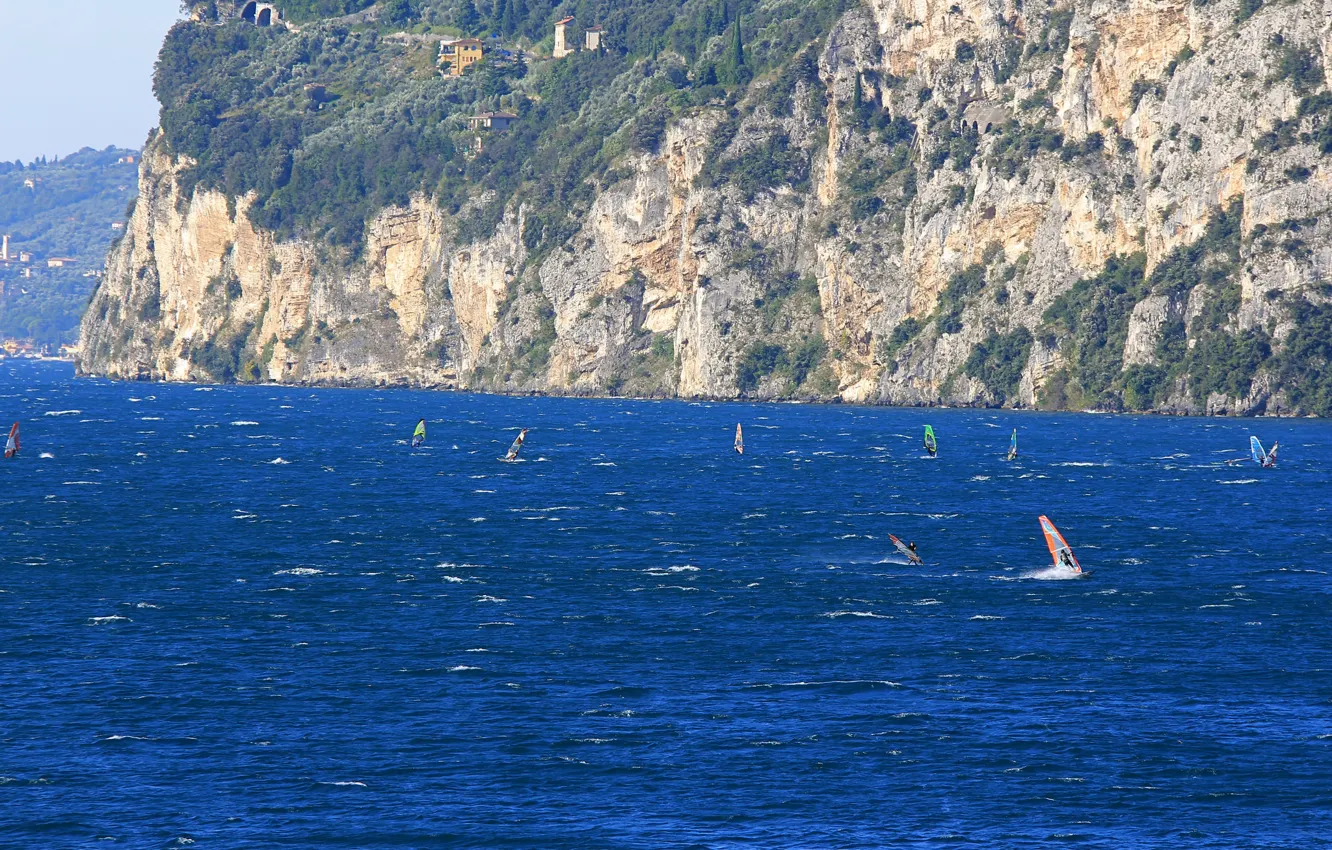 Photo wallpaper sea, rocks, the wind, sport, Board, sail, Windsurfing