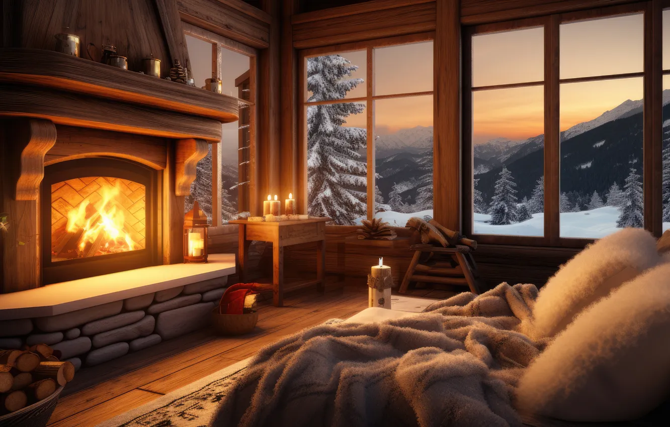 Photo wallpaper winter, snow, lights, comfort, room, sofa, the evening, candles