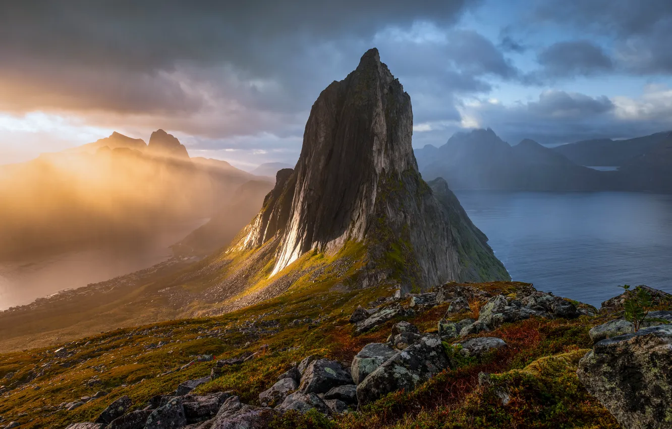 Photo wallpaper grass, river, landscape, nature, water, mountains, clouds, rocks