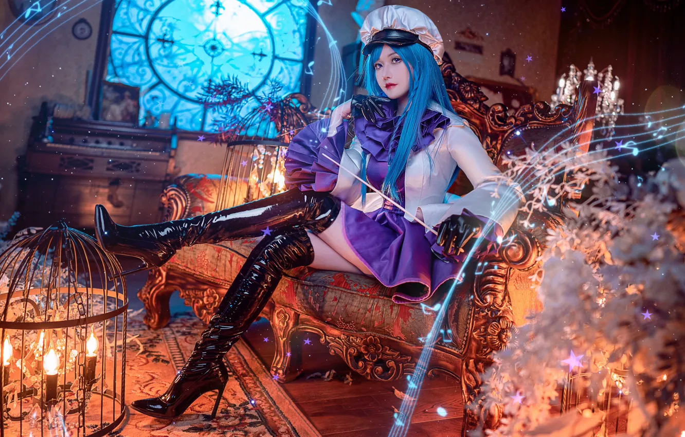 Photo wallpaper notes, room, Asian, blue hair, beautiful girl, cosplay, cosplay, room