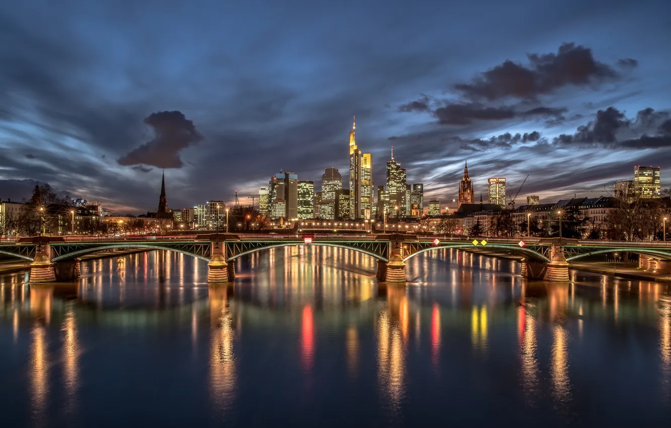 Photo wallpaper clouds, night, bridge, lights, home, Germany, Frankfurt am main