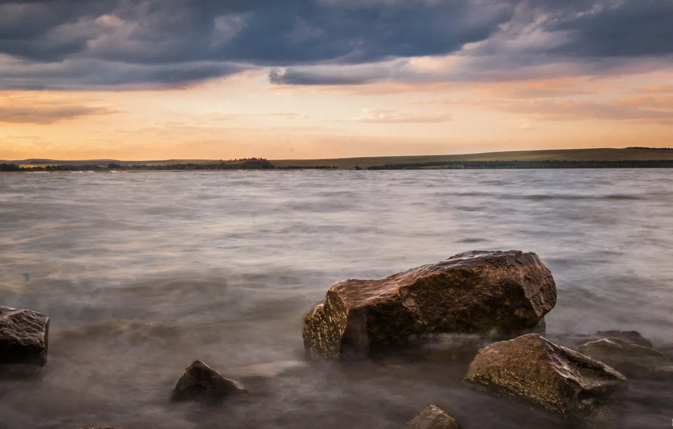 Photo wallpaper sea, lake, water, wave, summer, silence, stones, shore