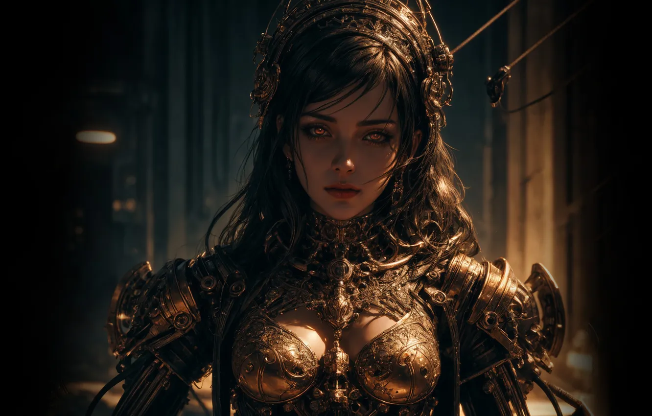 Photo wallpaper look, girl, mechanism, robot, cyborg