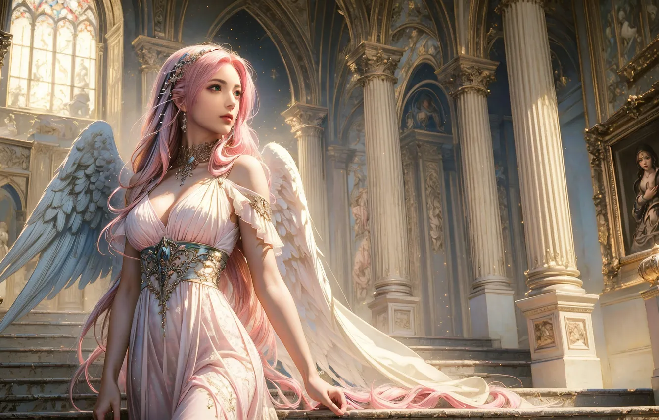 Photo wallpaper girl, angel, ladder, columns