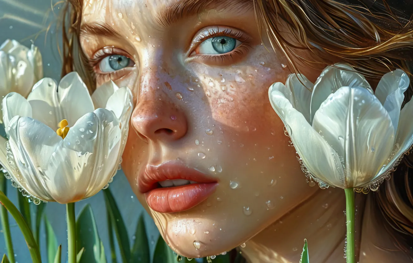 Photo wallpaper girl, woman, tulips