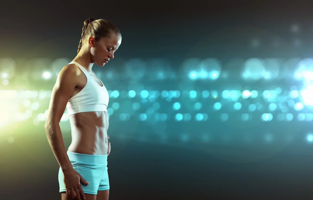 Photo wallpaper girl, eyes, Happy, fitness, gym, healthy, health, knees