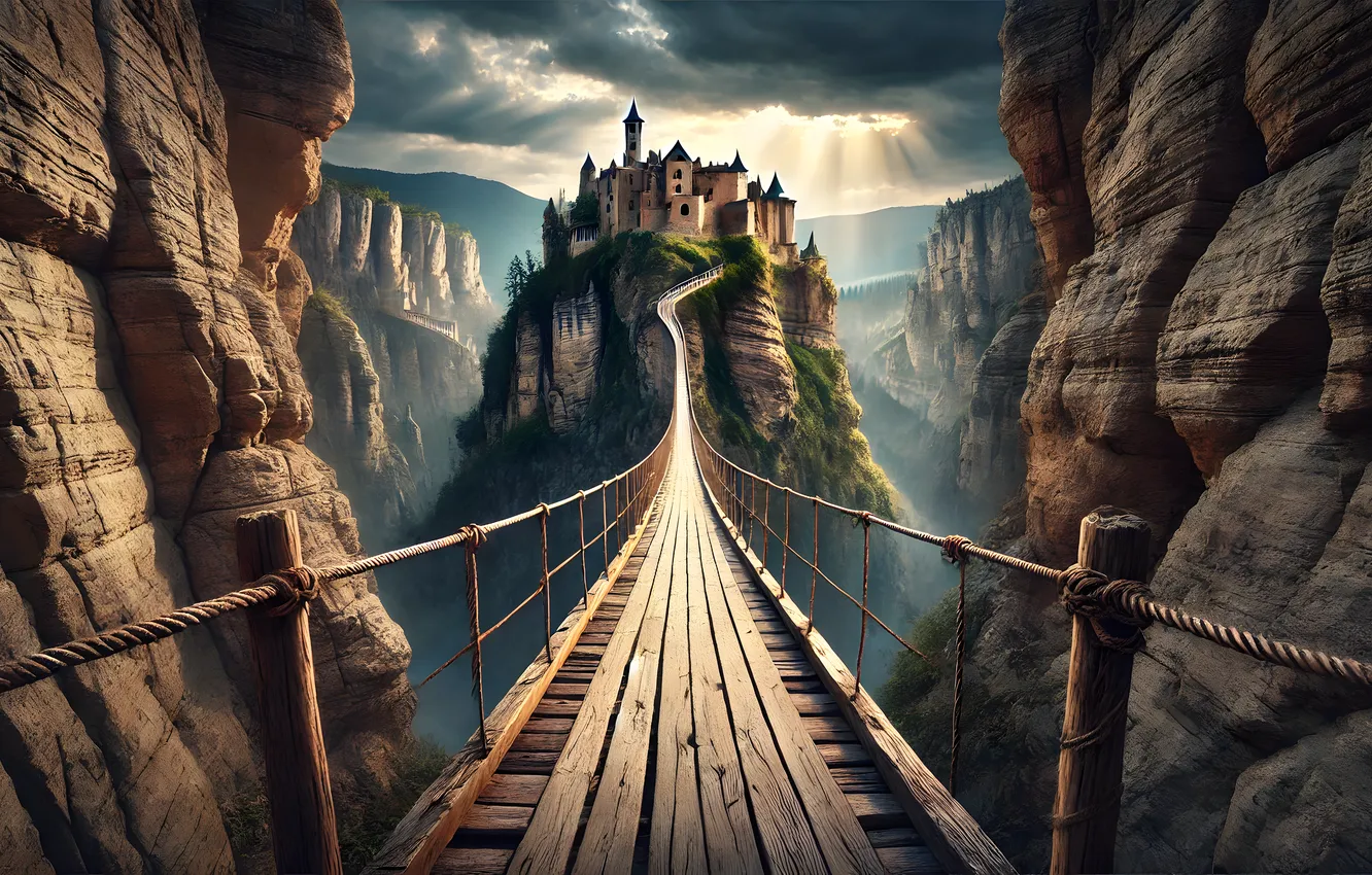 Photo wallpaper road, mountains, clouds, bridge, the way, castle, rocks, view
