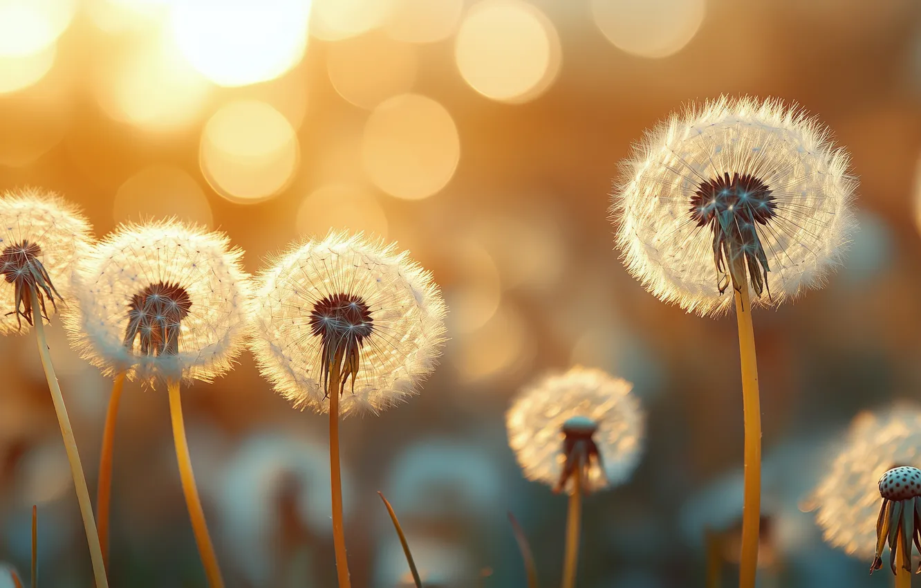 Photo wallpaper the sun, rays, light, flowers, nature, dandelion, spring, stem