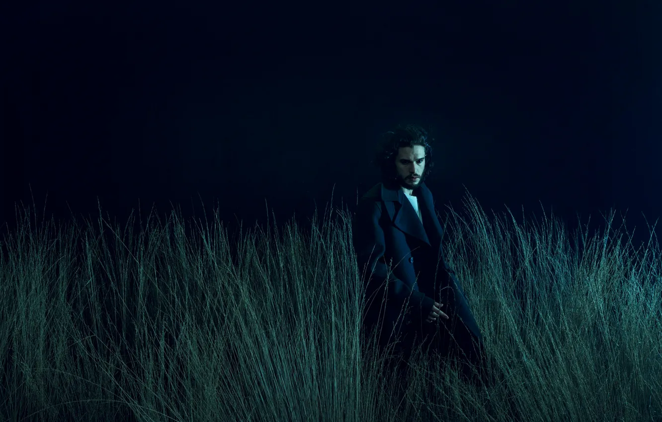 Photo wallpaper grass, night, photographer, actor, coat, photoshoot, nature, Kit Harington