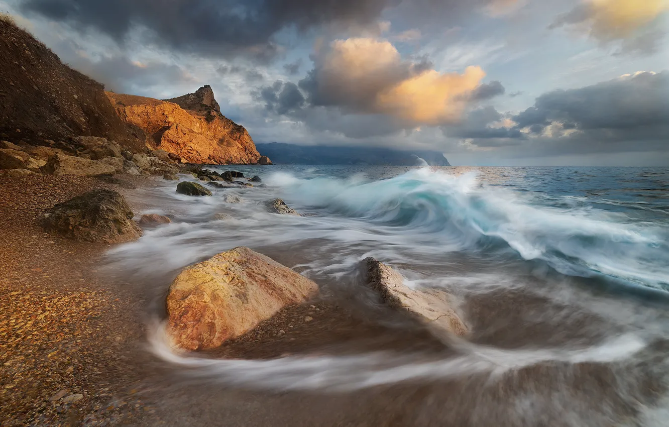 Photo wallpaper winter, sea, wave, beach, landscape, clouds, nature, stones