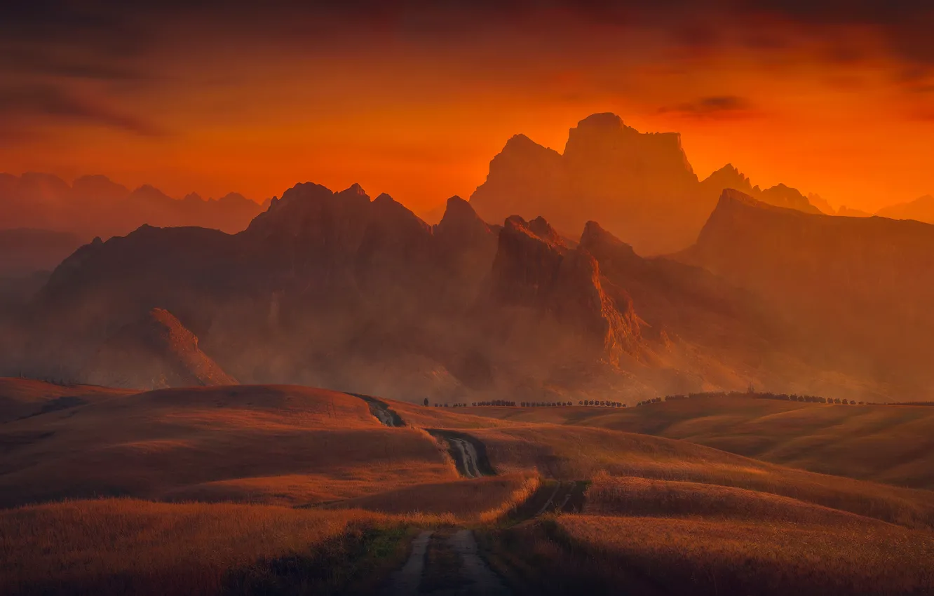 Photo wallpaper road, the sky, landscape, mountains