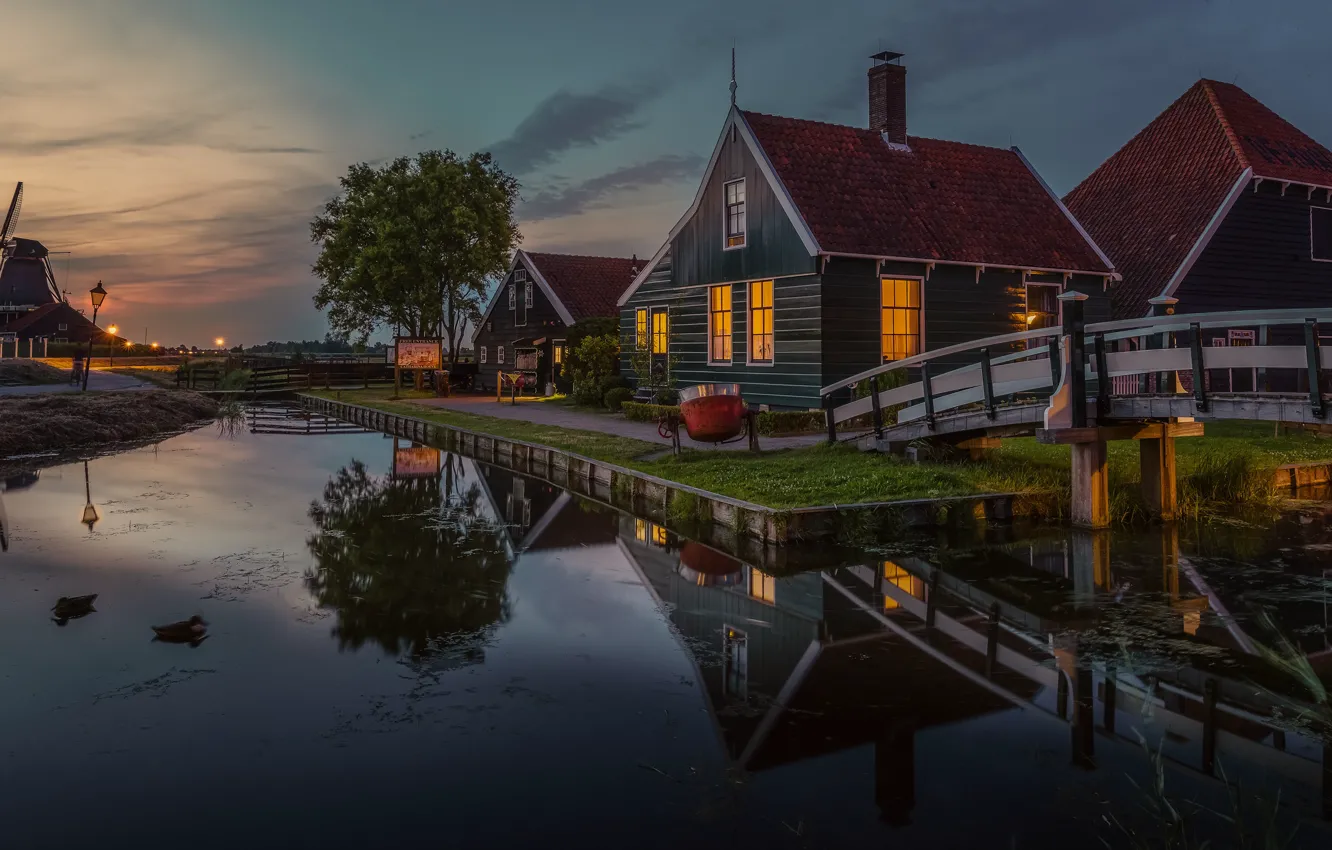Photo wallpaper water, landscape, reflection, village, home, the evening, lighting, mill