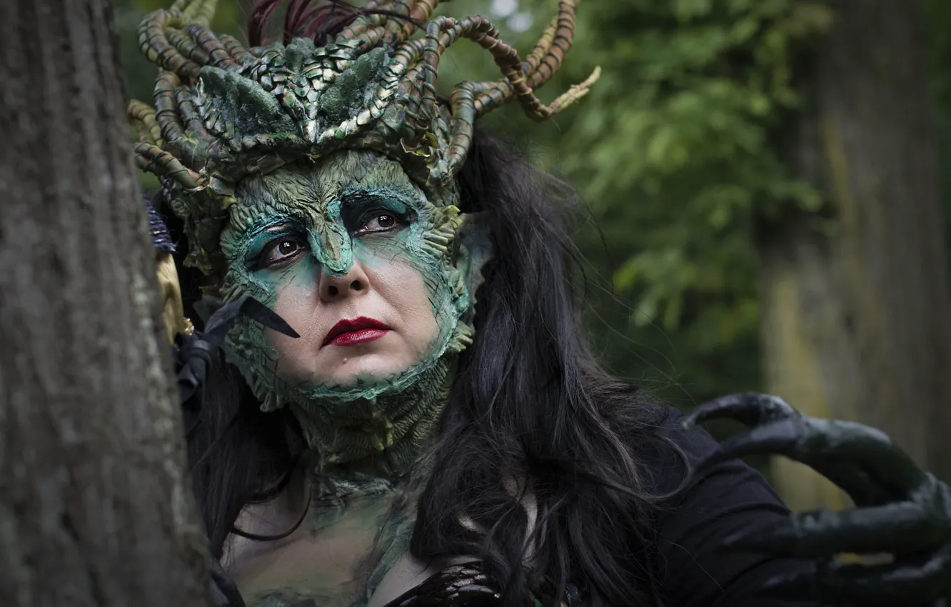 Photo wallpaper forest, look, trees, pose, style, background, woman, portrait