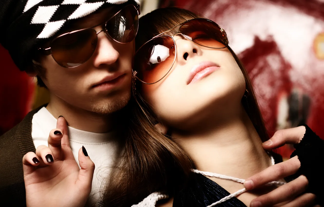 Photo wallpaper girl, hat, glasses, pair, guy, manicure