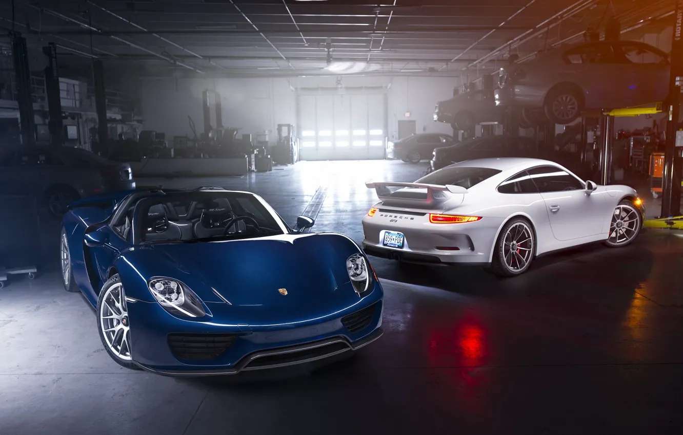 Photo wallpaper Porsche, Blue, Front, Spyder, 918, GT3, White, Supercars