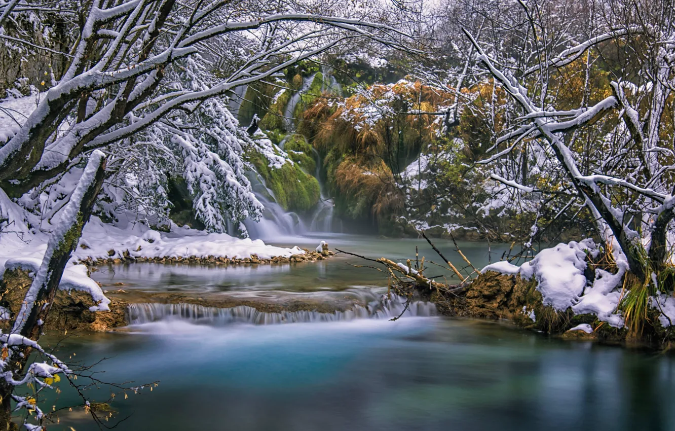 Photo wallpaper forest, snow, river, Croatia, Plitvice Lakes