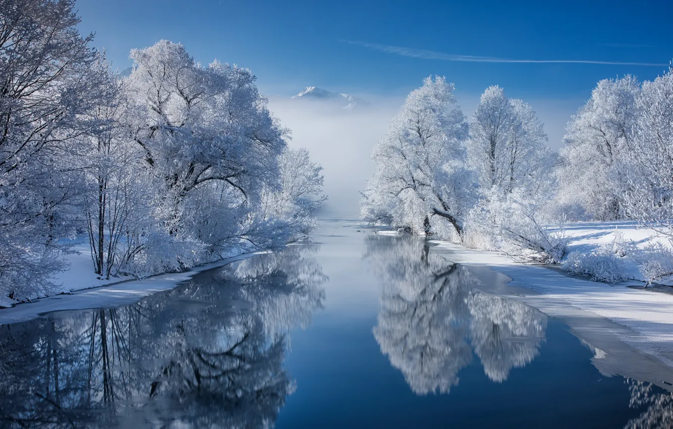 Photo wallpaper snow, trees, mountains, reflection, river, Bayern