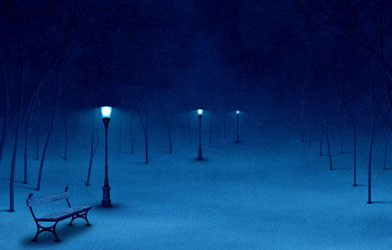 Photo wallpaper snow, trees, bench, lantern