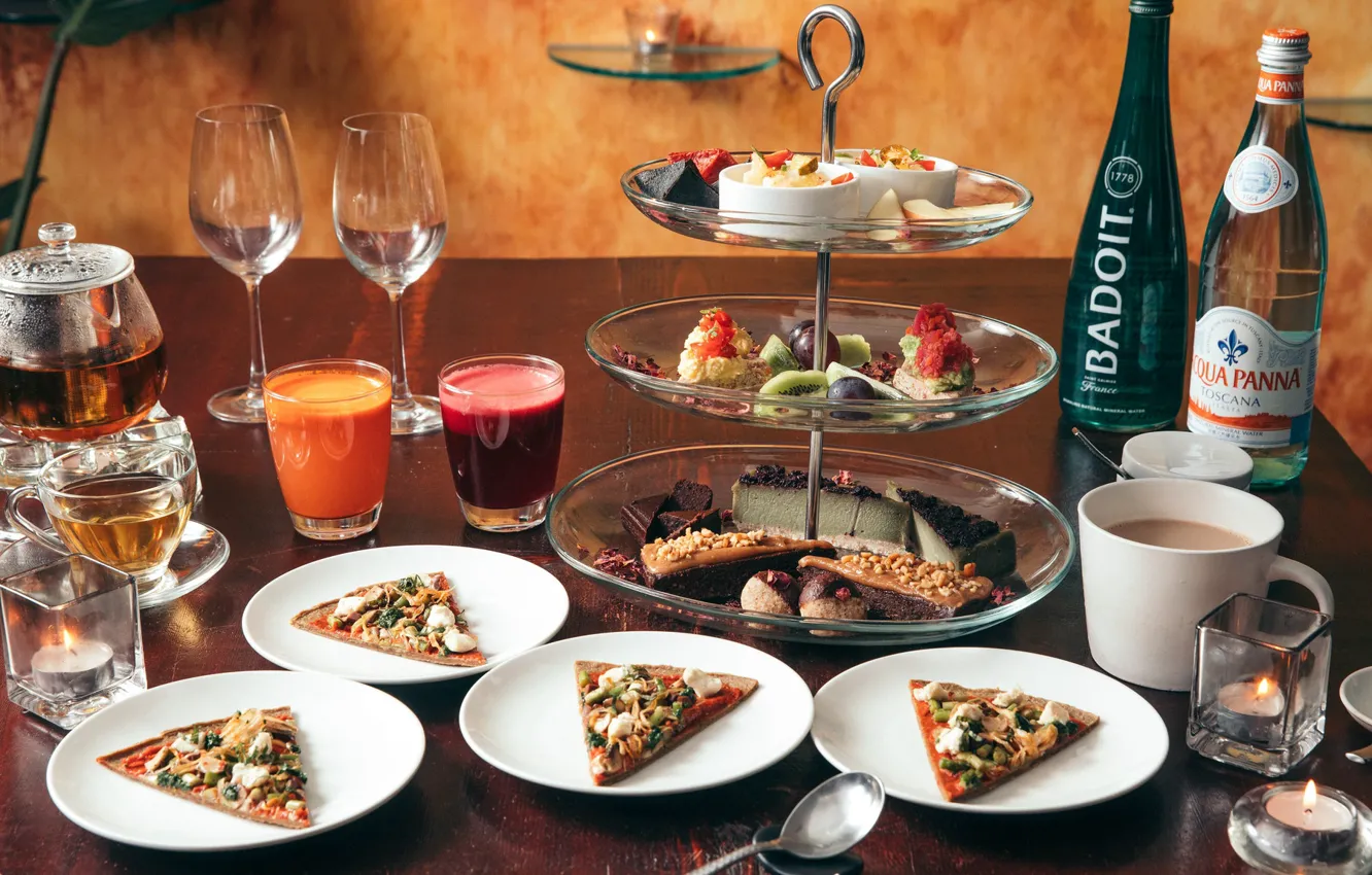 Photo wallpaper table, tea, juice, plate, pizza, dessert