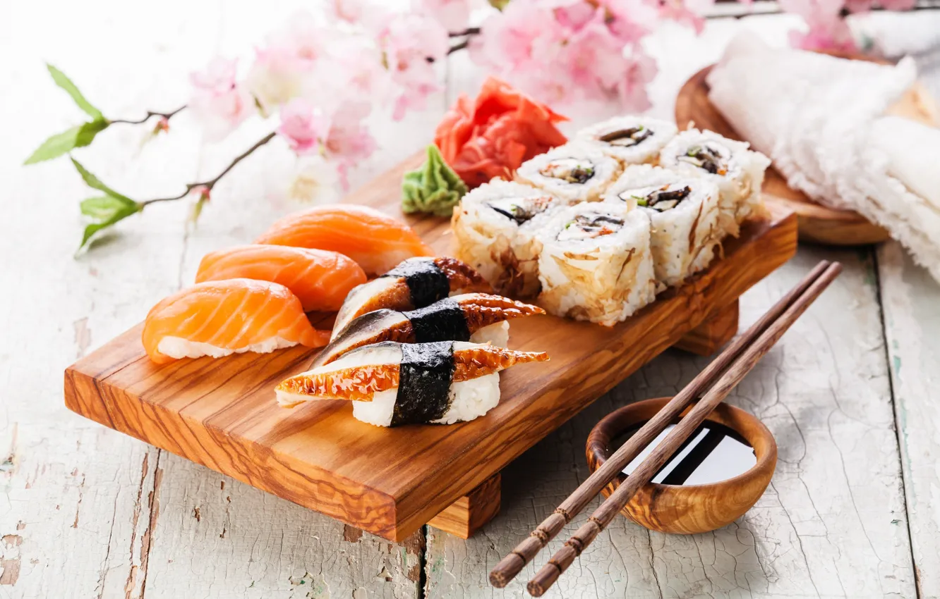 Photo wallpaper fish, figure, sushi, rolls, salmon, nori