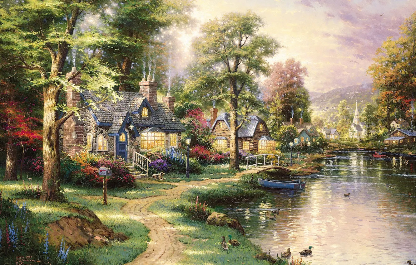 Photo wallpaper landscape, lake, boat, duck, picture, houses, painting, the bridge