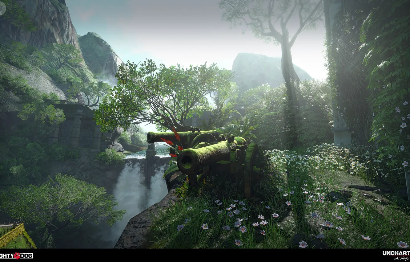 Photo wallpaper mountains, wall, gun, ciety, Uncharted 4, Averys Palace